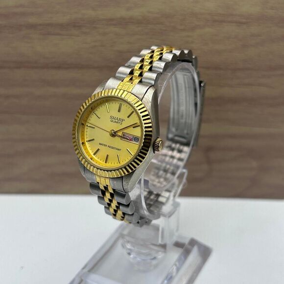 Sharp Watch Silver & Gold Toned Stainless Steel Band Day Date Indicator Elegant - Picture 1 of 7